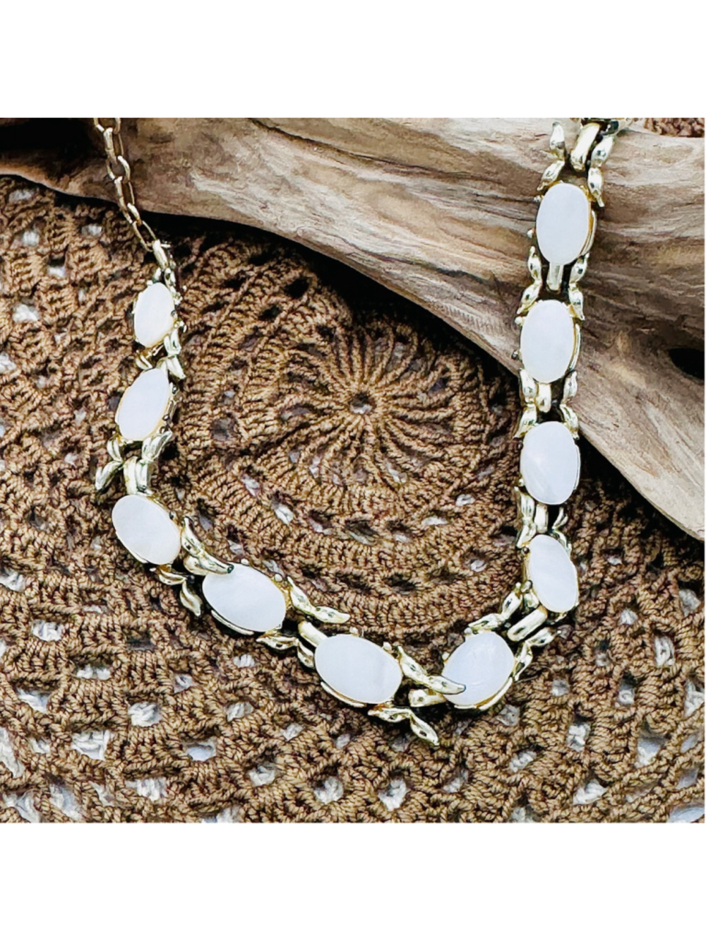 Coro White Cabochon Gold Tone Botanical Leaf Statement Necklace - Picture 6 of 8